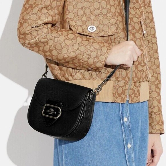 New Coach Morgan Saddle Bag Black Pebble Leather & Snake Embossed Trim CG470 - Picture 2 of 7